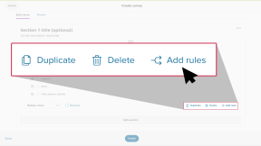 The Create survey page in Xello. A multiple choice question is open and the cursor is clicking on Add rules.